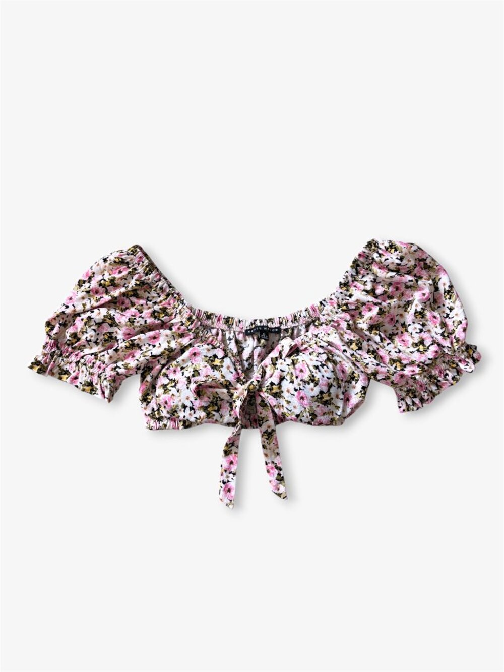 Haute Monde Pink Floral Puff Sleeve Tie Front Crop Top Size Small Boho Milkmaid